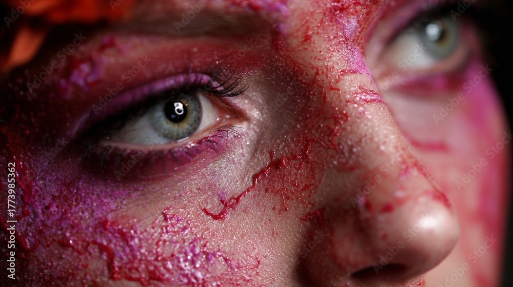 Naklejka premium Close-up of Artistic Makeup Featuring Vibrant Red and Pink Textured Design on a Person's Face