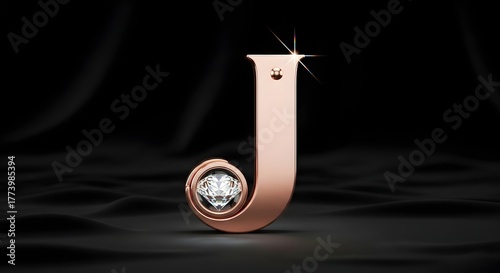Letter J diamond rose gold, luxury jewelry design, elegant font, black silk background, high resolution, wealth and success concept, for logo design