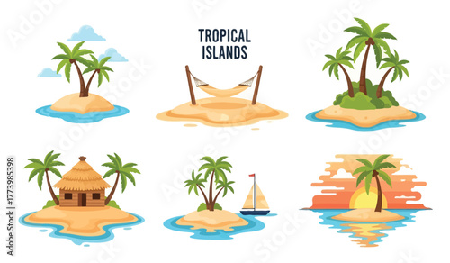 Collection of diverse tropical island scenes featuring palm trees, beaches, huts, hammocks, and sailboats in clear blue ocean water.