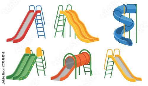 Collection of colorful playground slides including spiral, straight, wavy, and tunnel designs with ladders