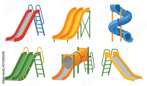 Collection of colorful playground slides featuring various designs like tube, straight, and wavy for outdoor recreation fun