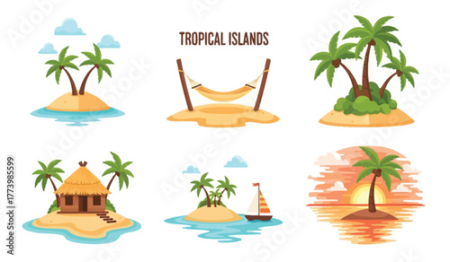 Set of flat design tropical islands with palm trees, bungalow, hammock, and sailboat at sunset