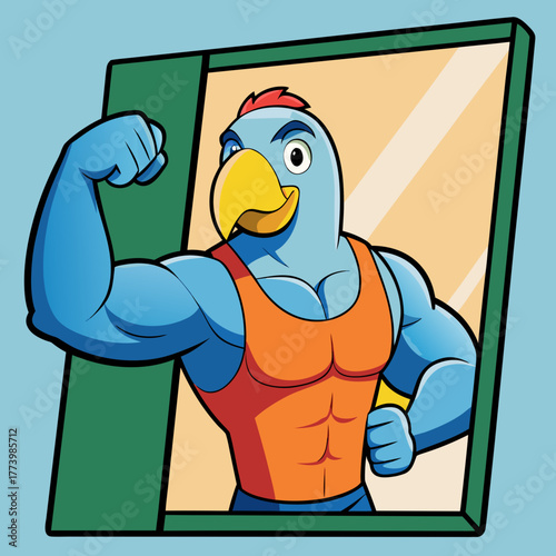 Muscular blue bird character flexing biceps in a gym mirror showing off physique