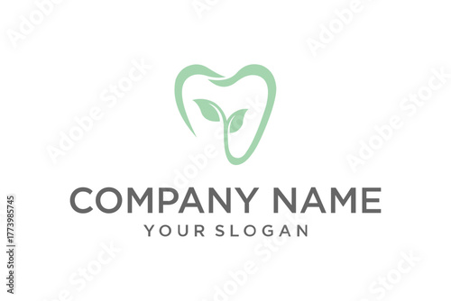 Natural Dental Logo Design with Green Leaves and Tooth Symbol. Healthy Oral Care Brand Identity for Clinic, Dentist, or Product. Placeholder Text.
