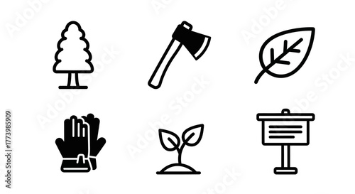 Simple nature and gardening icons set in minimalist line art style