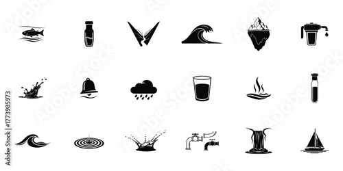 Water glypy icon set, Fish in Water, Water Bottle, Waterfall, Ocean Wave, Iceberg, Medical Water Drop, Water Splash, Bell, Water Drop, Glass of Water, vector silhouette
