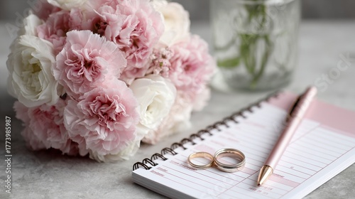 Romantic wedding concept with flower bouquet, rings, and pen on a notepad