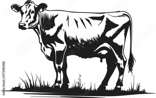 Grazing cow silhouette with thin black line details, white background, natural posture, agriculture and dairy theme vector 1