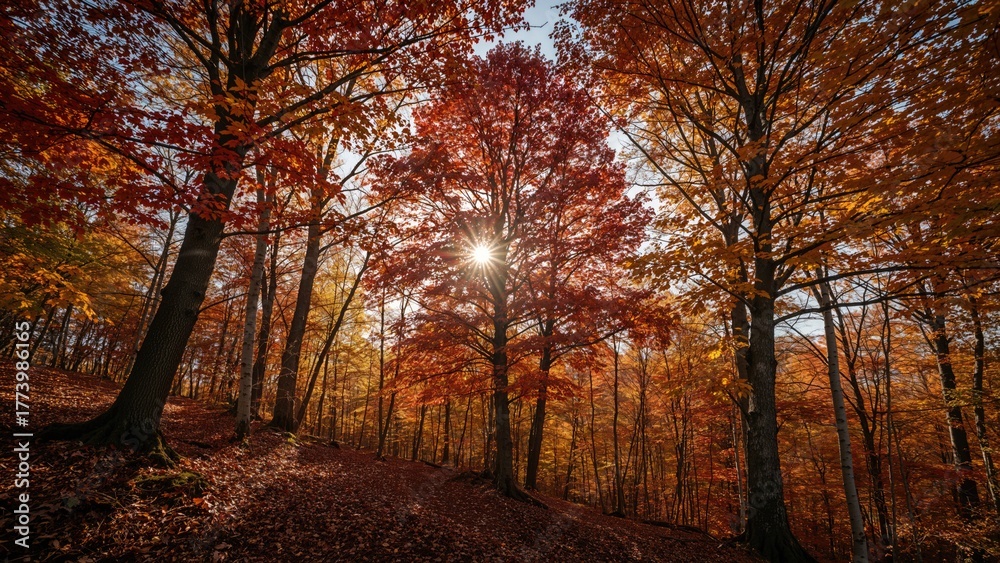 Fototapeta premium Autumn forest with sunlight shining through trees, vibrant fall foliage, and a peaceful woodland scene. Season and nature landscape with warm colors.
