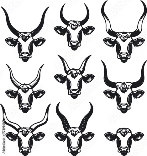 Cow head portraits set, different ear and horn shapes, black continuous line style, white background, minimal livestock icon pack 1