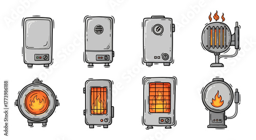 Retro style heaters and furnaces collection with hand-drawn elements