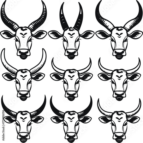 Cow head portraits set, different ear and horn shapes, black continuous line style, white background, minimal livestock icon pack