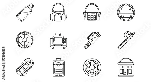 Linear gadget icons collection featuring bags, cameras, and technology items