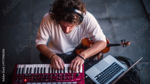 Musician composing electronic music with a keyboard and laptop while wearing headphones