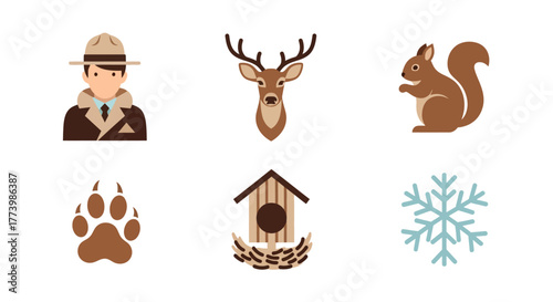 Winter forest icons: squirrel, deer, ranger, paw print, birdhouse, snowflake