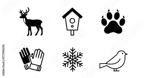 Winter icons: deer, birdhouse, paw print, gloves, snowflake, bird in minimalistic design