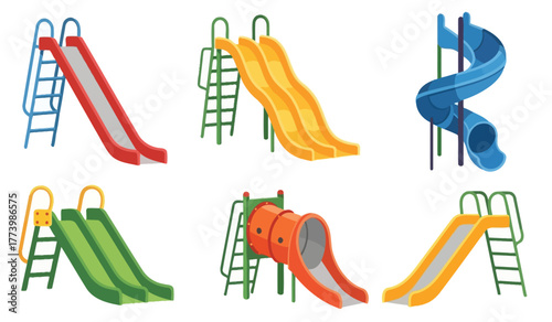 Collection of colorful playground slides with ladders for children's recreation and outdoor fun activities.