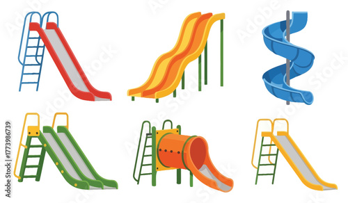 Collection of colorful playground slides with ladders and a spiral slide, cartoon vector illustration.