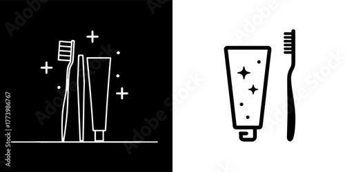 Oral hygiene supplies icon set featuring toothbrush and toothpaste tube illustration, representing dental health, cleaning, and daily routine, black and white minimal vector graphic