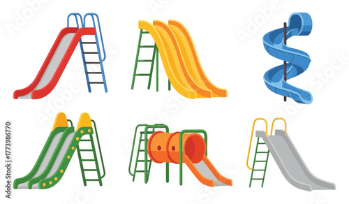 Collection of colorful playground slides, including straight, wavy, and spiral designs, presented on a white background.