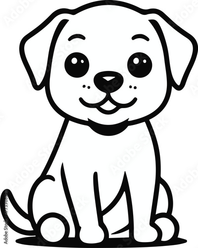 Cute sitting puppy outline, smooth black lines, white background, friendly pet character, minimal vector style, universal commercial use, simple facial expression