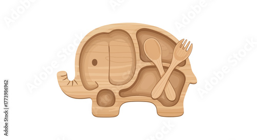 Elephant-shaped wooden baby plate with spoon and fork in cute design