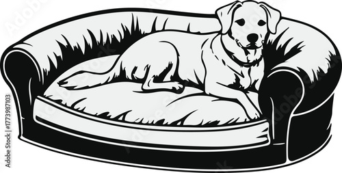 Dog bed and cushion outline illustration, soft rounded shapes, white background, thin and thick stroke mix, cozy pet furniture vector 3