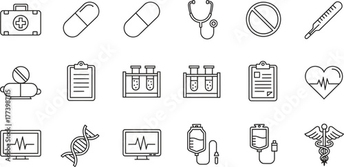 Medical icons set representing healthcare and medicine in line art