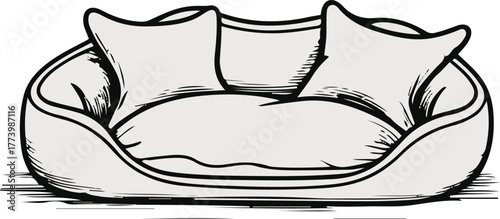  Dog bed and cushion outline illustration, soft rounded shapes, white background, thin and thick stroke mix, cozy pet furniture vector