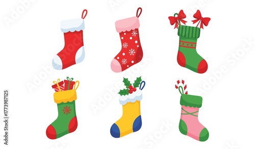 Collection of six festive christmas stockings in various colors and designs, filled with gifts and decorations