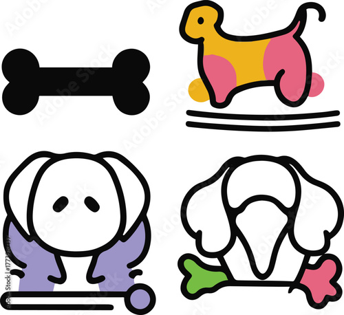 Dog bone toy and chew toy line icons, smooth black outline, white background, playful shapes, pet accessory vector set 1