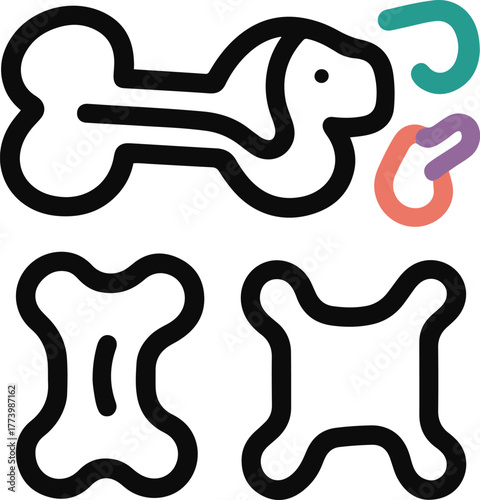 Dog bone toy and chew toy line icons, smooth black outline, white background, playful shapes, pet accessory vector set 2