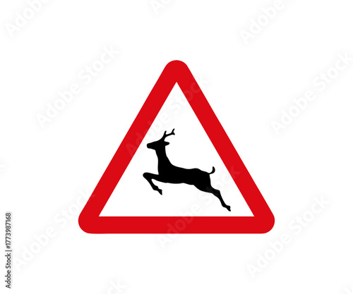 Triangular road sign with a black silhouette of a deer. Warning drivers of a nearby wildlife crossing zone. International traffic sign wild animals vector design and illustration.