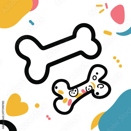 Dog bone toy and chew toy line icons, smooth black outline, white background, playful shapes, pet accessory vector set