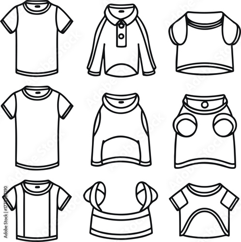 Dog clothing and bandana outline bundle, simple fabric contour lines, clean white background, black line style, pet apparel icon set 1