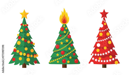 Collection of three festive decorated christmas trees with stars and baubles, a blazing flame topper, and garland on white background