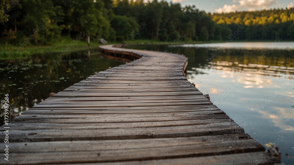 Naklejka premium A wooden walkway over calm lake water with trees and a cloudy sky in the background.