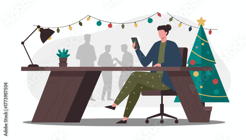 Business person checking smartphone at a festive office desk decorated for Christmas holidays