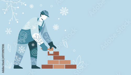 Construction worker building a brick wall outdoors in the winter cold Seasonal labor illustration