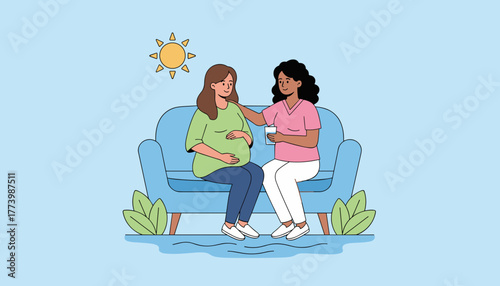 Woman comforting pregnant woman on sofa Prenatal wellness healthcare and maternal support