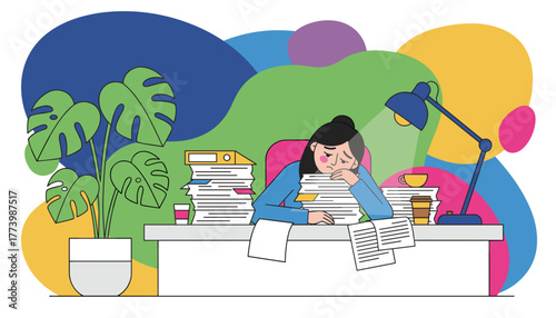 Overworked professional slumped over massive paperwork Stress deadline and office burnout illustration