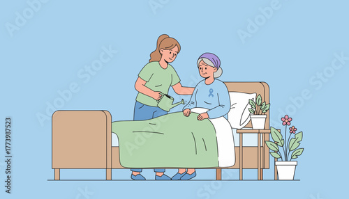 Caregiver tending to senior patient with purple ribbon symbolizing illness support and recovery