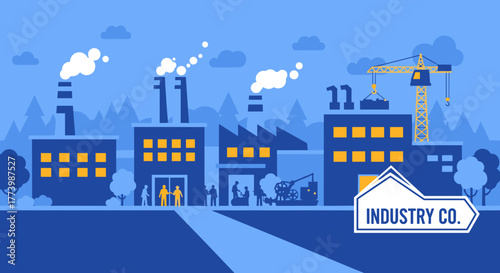 Flat vector illustration of industrial buildings factories production and construction site work