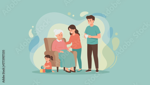 Multigenerational family caring for grandmother showing love support and domestic comfort