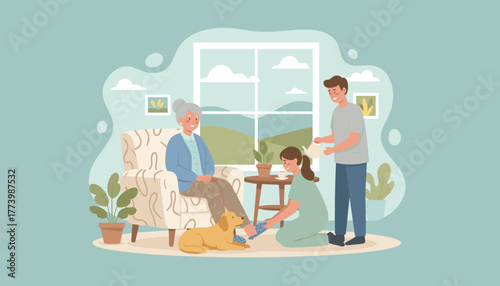 Caregivers assist an elderly woman at home with tea and slippers showing senior home care and compassion