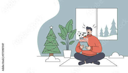 Man frustrated with work on a tablet next to a Christmas tree illustrating holiday stress and burnout