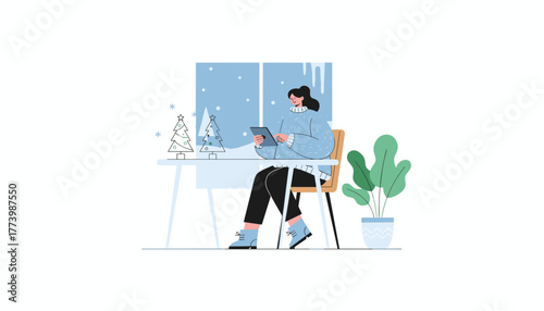 Woman working on a tablet in a cozy decorated winter home environment
