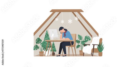 Woman stressed while working from home during winter holidays Remote work exhaustion