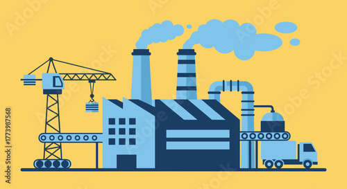 Industrial factory production process illustration with crane conveyor belts smokestacks and truck