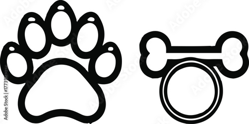 Dog paw, bone, and collar line icons bundle, simple bold outline, white background, modern pet accessory vector set, minimal line art pack 3